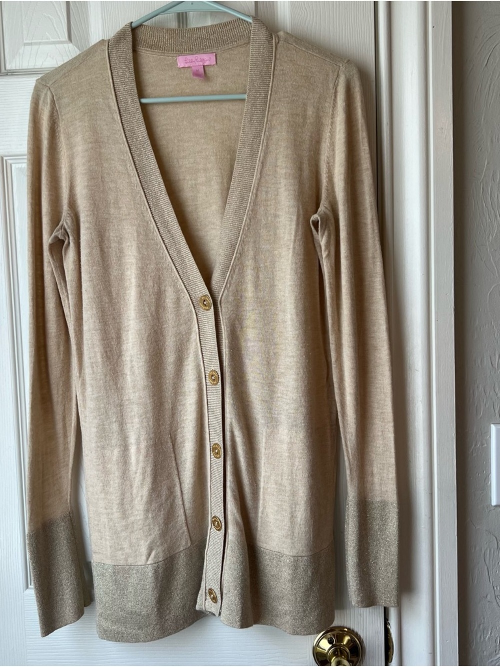 Lilly Pulitzer Beige Two-Tone V-Neck Button Cardigan